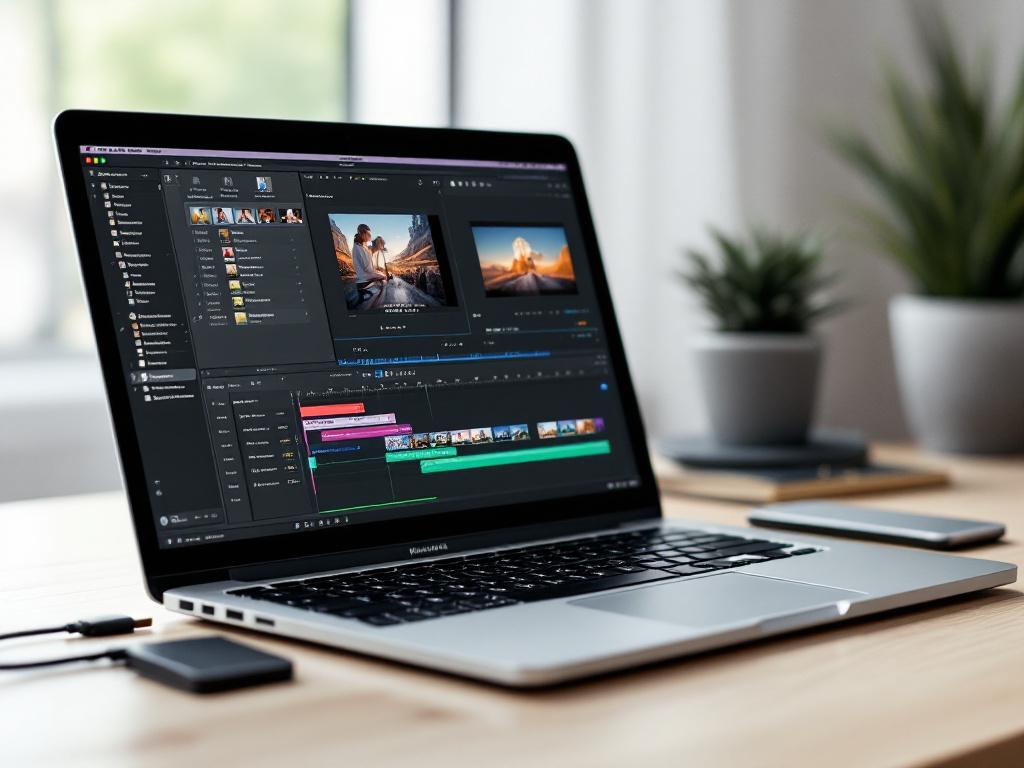 MacBook Pro（14英寸或16英寸，深空黑或银色）打开在干净的木质书桌上，显示视频编辑时间线。侧角视图。来自左侧的柔和自然窗户光线。外部SSD可见于笔记本电脑旁边，连接Thunderbolt数据线