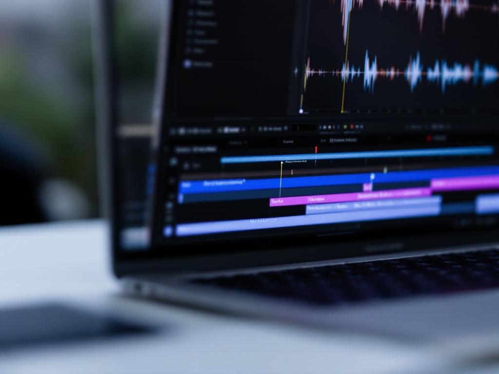 MacBook Pro屏幕显示Final Cut Pro或DaVinci Resolve时间线的紧密截图模拟或照片，其中可见代理媒体指示符。略微角度。干净，没有超出所需内容的UI杂乱。