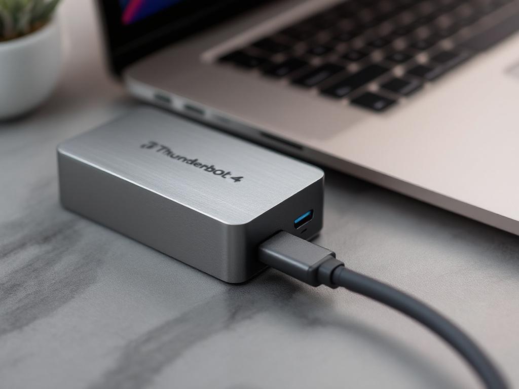 外部Thunderbolt 4 SSD外壳与MacBook Pro侧面连接的数据线的特写细节拍摄。显示刷金属或铝合金外壳、Thunderbolt 4徽标（如果可见）和数据线。浅景深、干净背景。