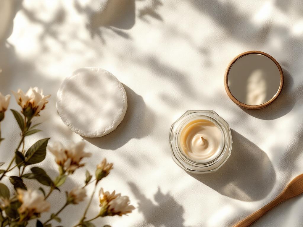 Overhead flat lay on a soft neutral linen surface — a single small glass jar of cream-colored treatment with a wooden spatula beside it, a clean cotton round, and a small hand mirror reflecting morning light. Calm, clinical-but-warm aesthetic. No fac