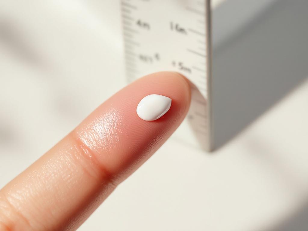 Close-up overhead shot of a fingertip with a small, precise dot of cream-colored treatment on it, photographed next to a metric ruler showing 4–5 mm scale. Soft natural light. Conveys "this is how little you actually need."