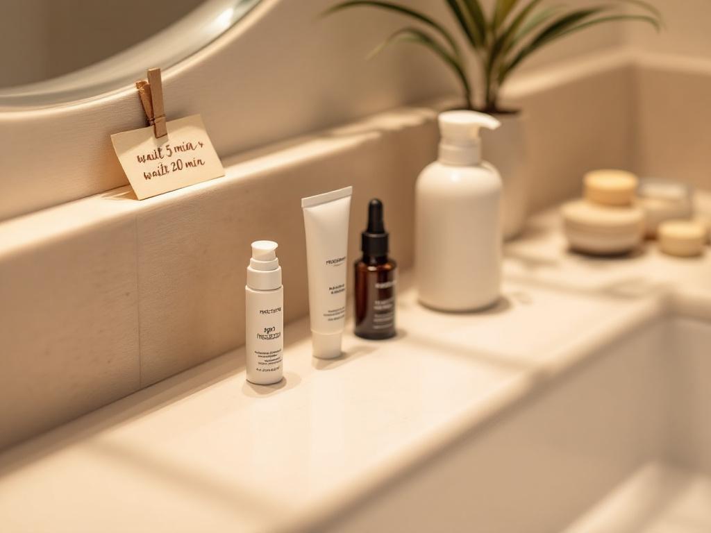 Lifestyle shot of a clean bathroom counter at evening, soft warm lighting. Four products lined up in routine order from left to right: cleanser, spot treatment in a small tube, moisturizer, lip balm. A small handwritten note tucked beside reads "