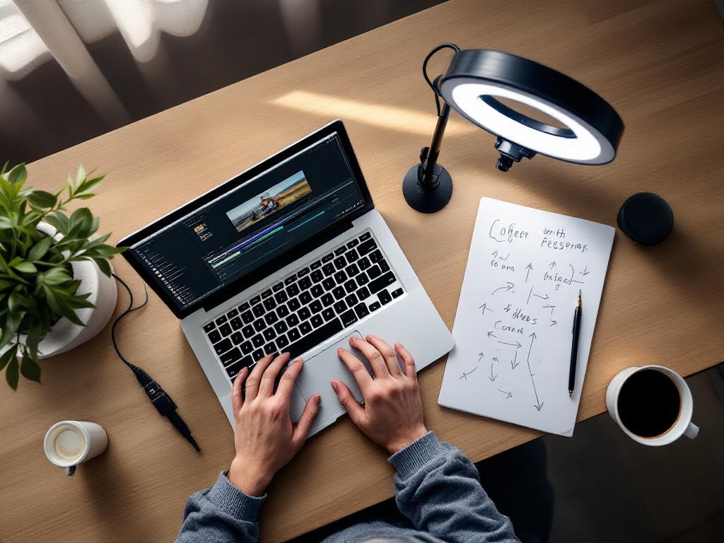 Overhead shot of a minimal creator workspace — open laptop showing a video editing timeline, USB microphone on a small boom arm, ring light slightly out of focus, notebook with handwritten arrows/flowchart, coffee. Natural light from the left. Convey