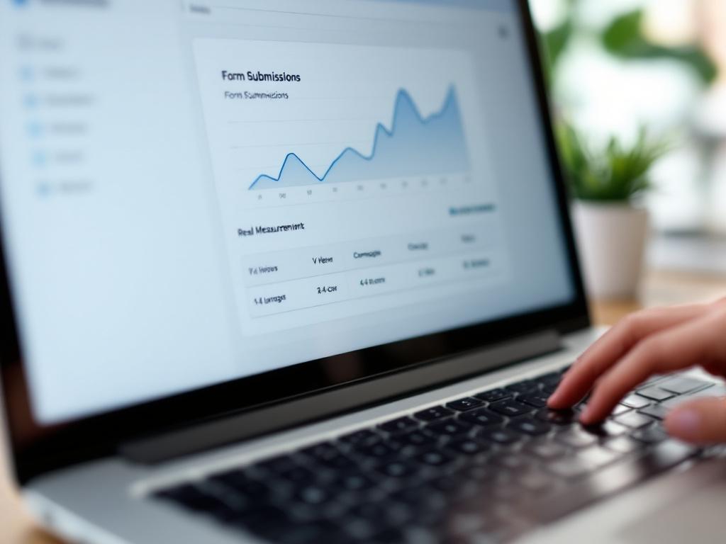 Close-up of a laptop screen showing a simple analytics dashboard — line chart of "Form Submissions" trending upward, a small table below showing 3-4 language rows with view counts and conversion rates. Slight blur on the edges, hand visible