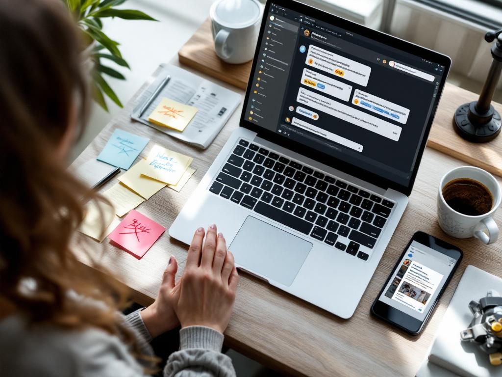 Le bureau d'un responsable marketing en milieu d'après-midi — un ordinateur portable ouvert montrant une interface de chat avec plusieurs brouillons de variations de citations à l'écran, des notes adhésives avec des tentatives de copie barrées, une tasse de café, un téléphone affichant un brouillon de post LinkedIn. Angle : légèrement aérien, nature