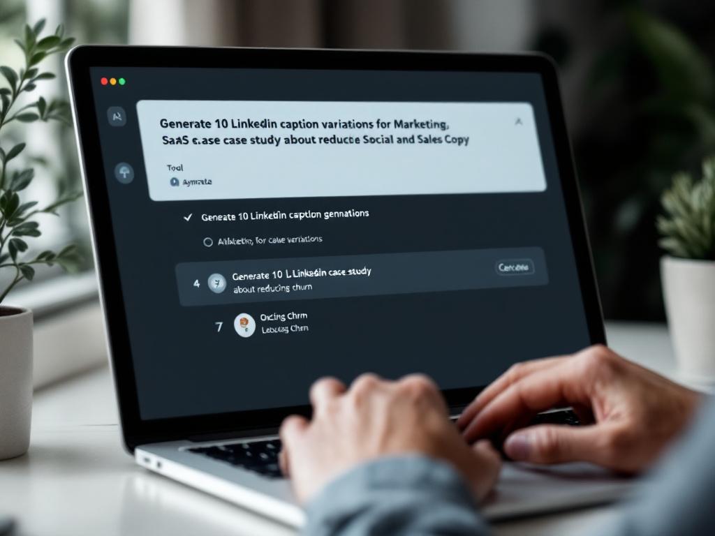 Gros plan d'un écran d'ordinateur portable montrant une interface d'outil IA avec un seul prompt en haut (« Générez 10 variations de caption LinkedIn pour une étude de cas SaaS sur la réduction de l'attrition ») et une colonne de variations générées ci-dessous — le curseur de l'utilisateur survole