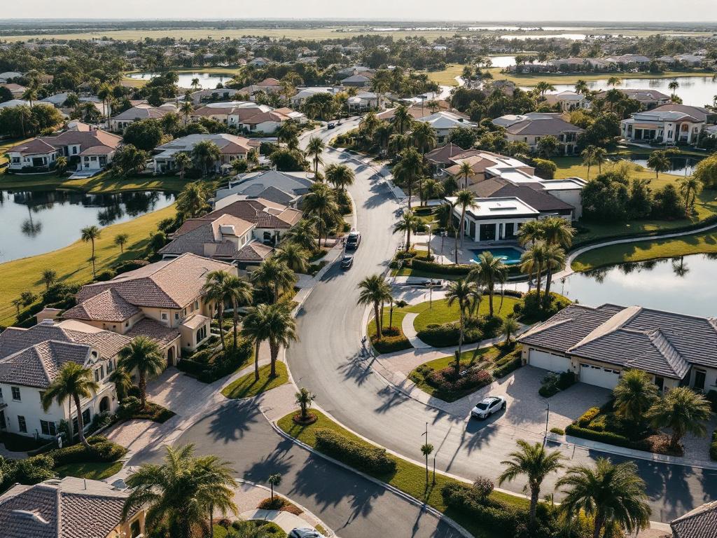Aerial or elevated street-level shot of a Lakewood Ranch village showing a mix of Mediterranean-tile-roof and contemporary-flat-roof homes along a curved street with mature palms and a lake visible in the background. Avoid generic stock — show recogn