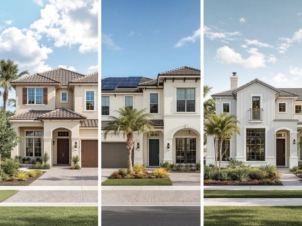Street-view composite or side-by-side showing three different LWR village styles — a Mediterranean tile-roof Country Club East home, a contemporary Polo Run home with solar panels visible, and a coastal-transitional Waterside home near water. Caption