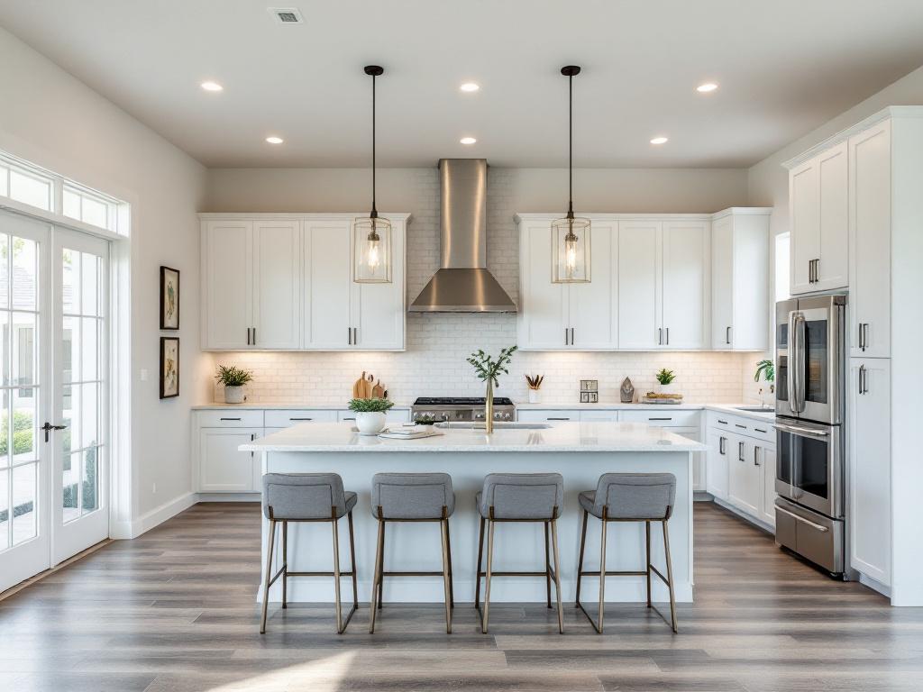 Interior shot of a builder model home in Lakewood Ranch showing a great room with the standard upgraded kitchen package — quartz counters, designer pendants, builder-grade-but-elevated finishes. Should feel aspirational but recognizable as a model, n