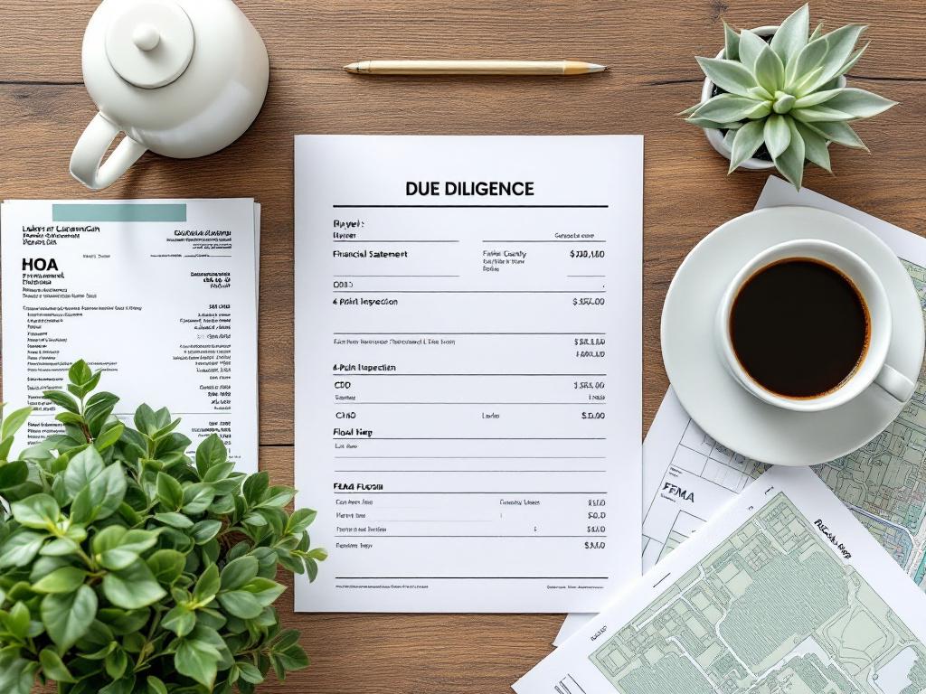 Overhead flat-lay of a buyer's due diligence packet on a wood desk — a printed HOA financial statement, a Sarasota County tax bill showing CDD line item highlighted, a 4-point inspection form, a FEMA flood map printout, and a coffee cup. Should look 