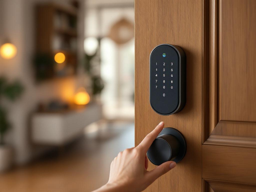 A modern apartment front door with a sleek matte-black smart deadbolt installed at eye level. Warm interior lighting. Hand reaching toward the keypad. Background slightly blurred β visible wood floor and entryway console. Shot at slight angle showing