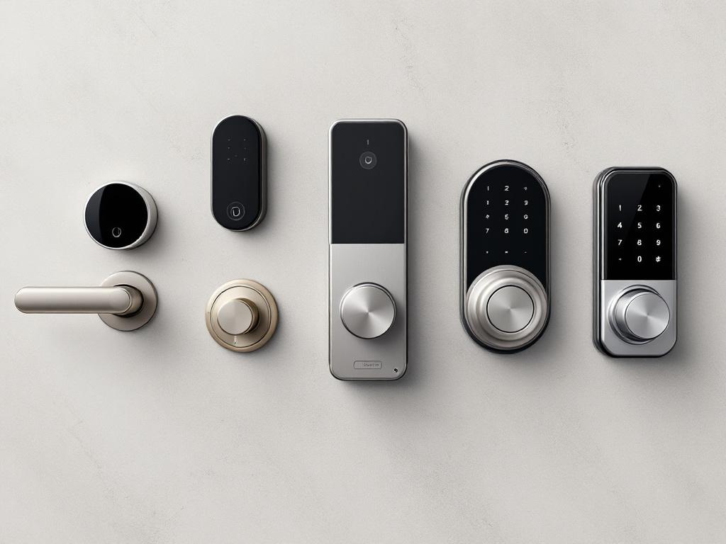 Five smart locks arranged on a neutral concrete or light-wood surface in a row: a Nuki-style Euro cylinder mount, a hidden retrofit (Level-style), a keypad deadbolt with fingerprint sensor, a modular keypad lock, and a touchscreen keypad lock. Top-do