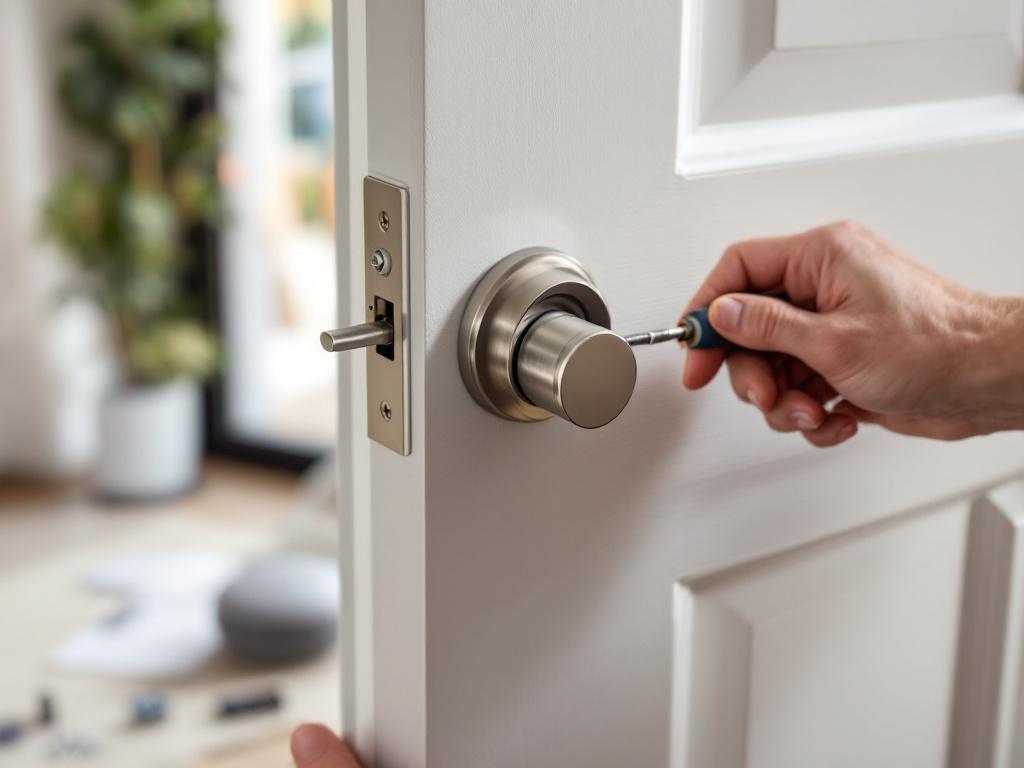 Hands installing a smart deadbolt on a door β interior view, screwdriver in hand, mounting plate visible against the door, exterior side of lock partially attached. Tools (battery pack, screws, instruction sheet) on the floor in soft focus.