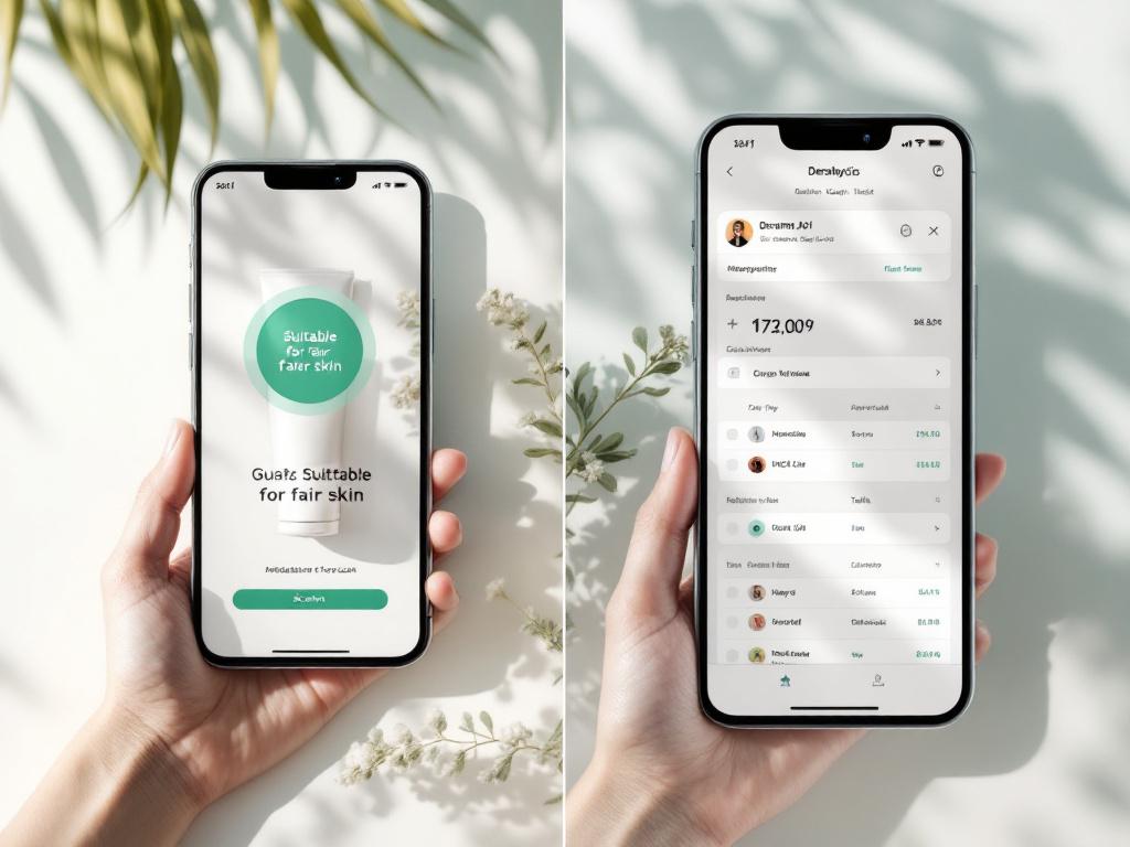 Split-screen mockup: left side shows a mobile scanner UI with a green "Suitable for fair skin" badge over a moisturizer product; right side shows a backend dashboard with a catalog table and ingredient-suitability columns populated. Clean, 