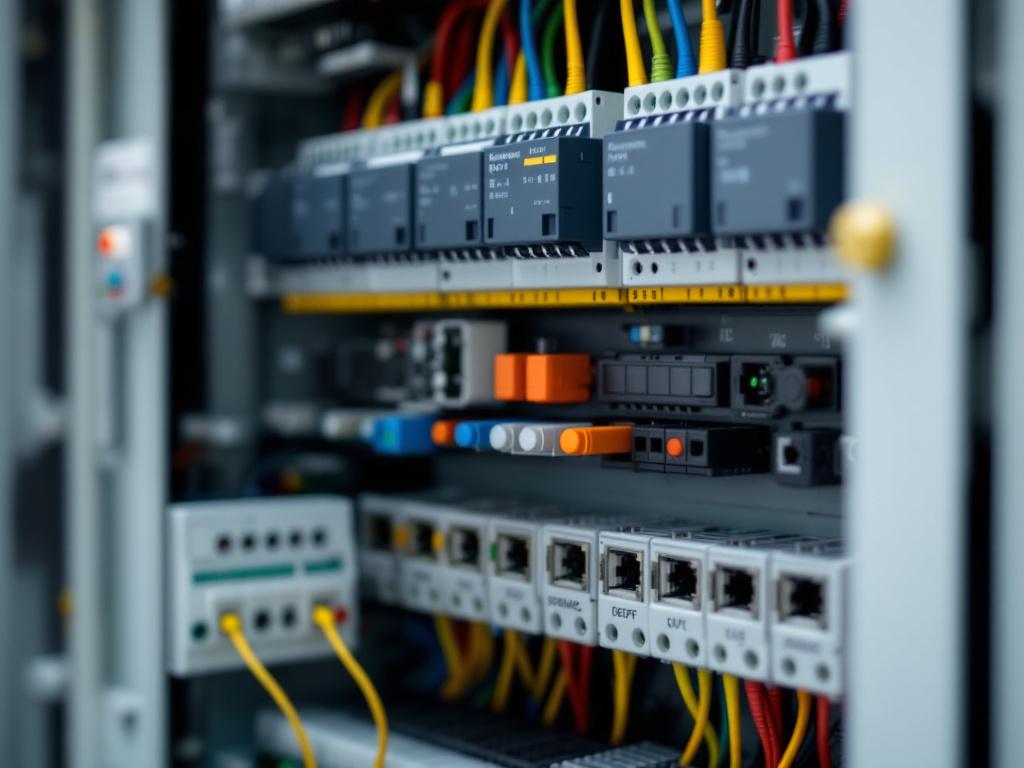 Tight close-up of a PLC control cabinet with the door open — neatly arranged terminal strips, safety relays, an Ethernet switch, multicolored fieldbus cables labeled, a Phoenix Contact or Siemens-style component visible (no logos). Technical detail s