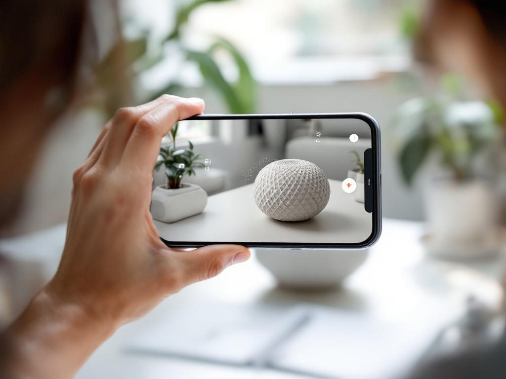 Hero shot — iPhone held in landscape position capturing a textured object (e.g., a houseplant or sculpture) on a desk, with visible ARKit feature-point overlay on the screen. Soft natural light from a window. Shows the act of capture, not the abstrac