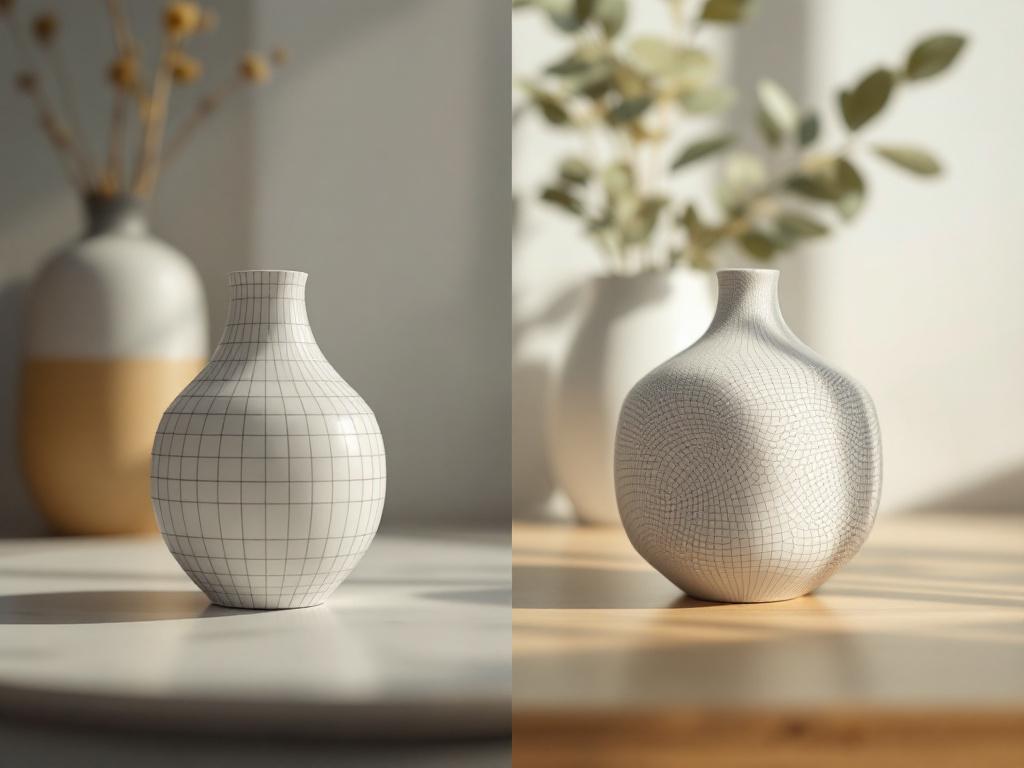 Split-frame composition — left side shows a polygon mesh render of a small object (e.g., a ceramic vase) in wireframe/textured view; right side shows the same object rendered as a NeRF novel view (slight motion blur, photoreal lighting, view-dependen