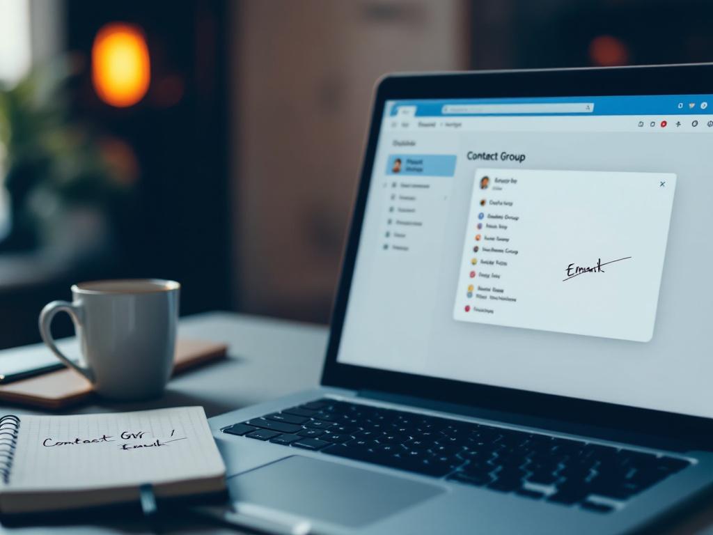 Fotografía de ángulo amplio del escritorio de una pantalla de portátil que muestra la vista Contactos de Outlook con un diálogo de Grupo de Contactos semicerrado, una taza de café y un cuaderno con direcciones de correo electrónico manuscritas tachadas al lado del teclado. Iluminación cálida de oficina, tomada desde un ángulo ligeramente elevado