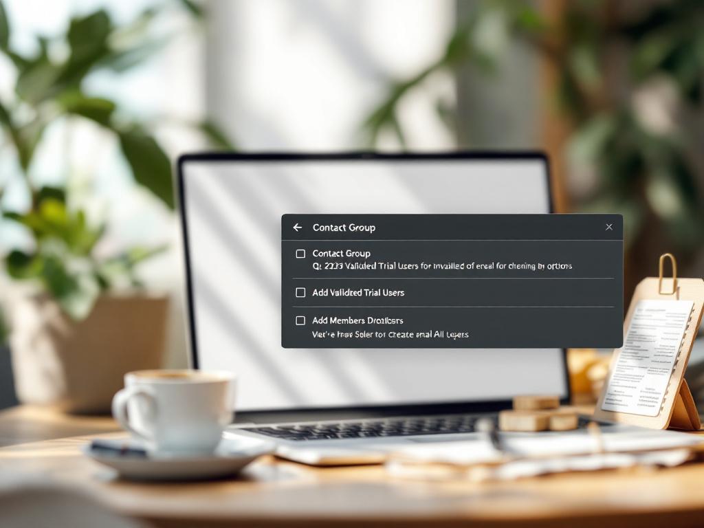 Captura de pantalla del diálogo Grupo de Contactos con el campo Nombre relleno ("Usuarios de Prueba Validados Q1-2025") y el menú desplegable "Agregar miembros" expandido mostrando las tres opciones.