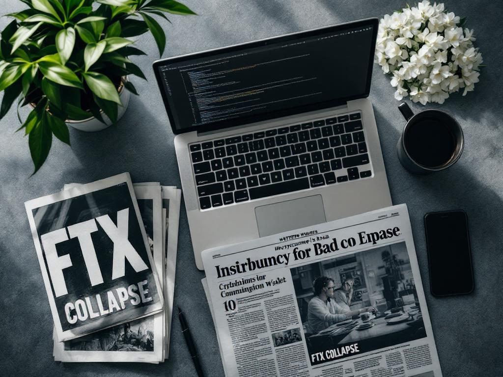 Imagen principal — vista aérea de un espacio de trabajo mostrando una laptop con una interfaz de cartera criptográfica, una taza de café y un recorte de noticia impreso con el titular "COLAPSO DE FTX" parcialmente visible. Iluminación melancólica y desaturada. Transmite 'informar'