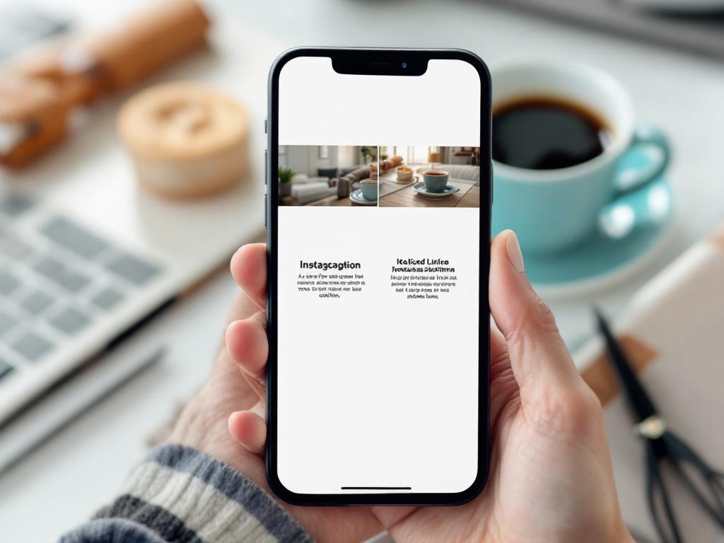 Bir telefon ekranı mockup'ı, beslemede yan yana iki Instagram gönderisini gösteren kaydırma görünümü — sol gönderi düz sans-serif yazı, sağ gönderi kanca satırında italik Unicode vurgusu kullanıyor. Hafif yukarıdan bir açıdan, bir kahve fincanı ve dizüstü bilgisayar ile çekilmiş