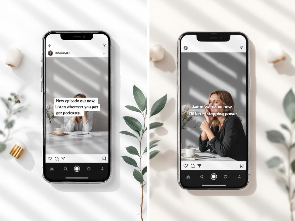 Yan yana mobil ekran görüntüleri — sol çerçeve düz metinde Instagram yazı başlığı taslağını gösterir ("Yeni bölüm yayında. Podcast aldığınız her yerde dinleyin."), sağ çerçeve ilk cümleyi kalın italik Unicode'de gösterir. Her ikisi de s