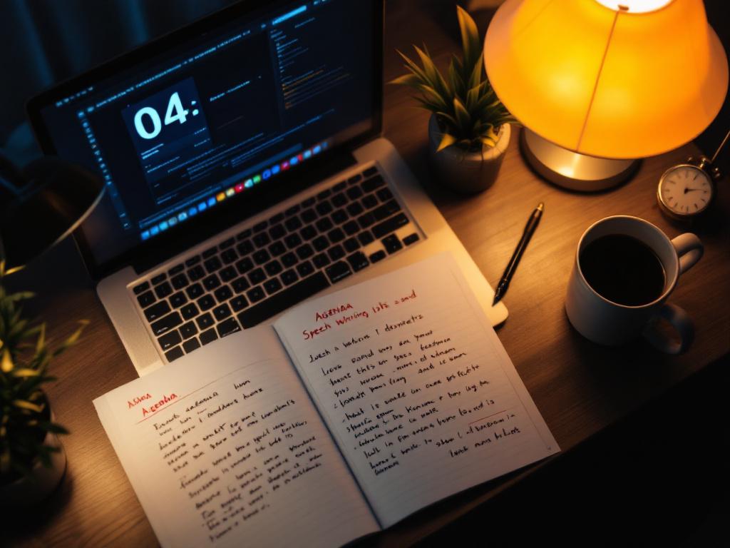 Overhead shot of a founder's desk at night — open laptop showing a half-written speech draft with handwritten margin notes, a printed agenda with red ink edits, a coffee mug, and a stopwatch reading 04:12. Warm desk lamp lighting, slight shallow dept