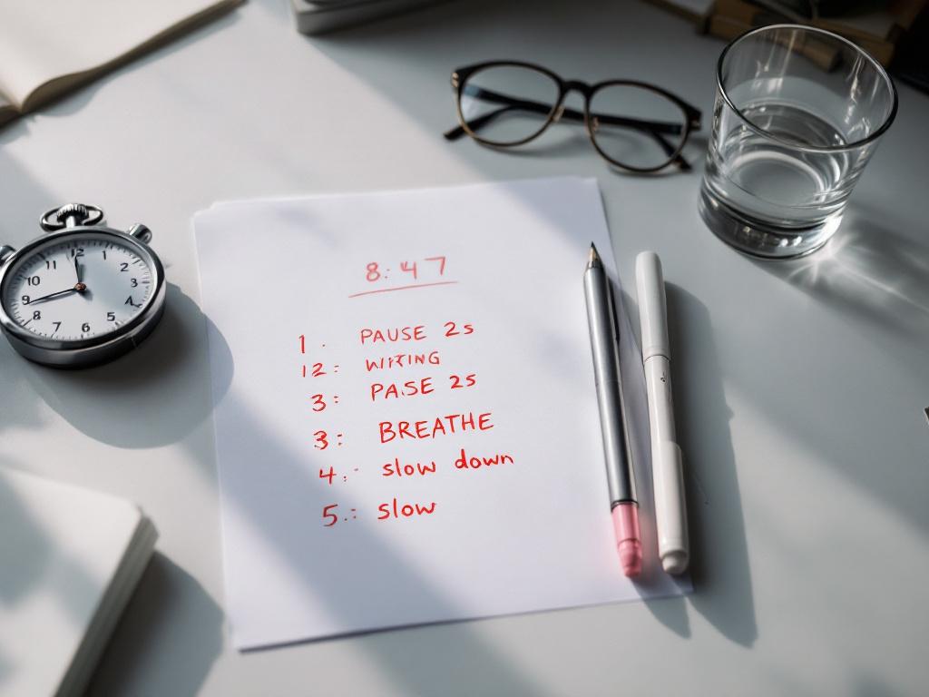 Close-up flat-lay on a desk — printed speech draft with handwritten pacing marks ('PAUSE 2s', 'BREATHE', 'slow down') in red pen, a mechanical stopwatch reading 8:47, reading glasses, and a half-empty water glass. Top-down angle, natural daylight fro