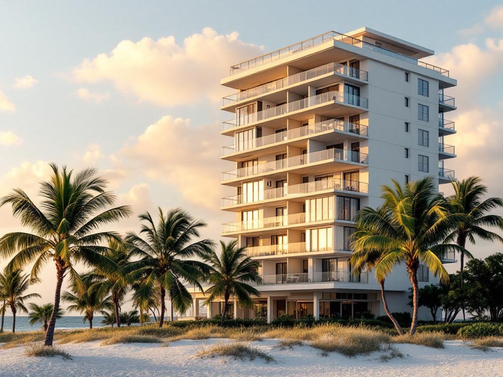 Mid-rise oceanfront condo building in Delray Beach at golden hour, balconies overlooking the Atlantic, palm trees in foreground. Shot from beach level looking up at the building façade.