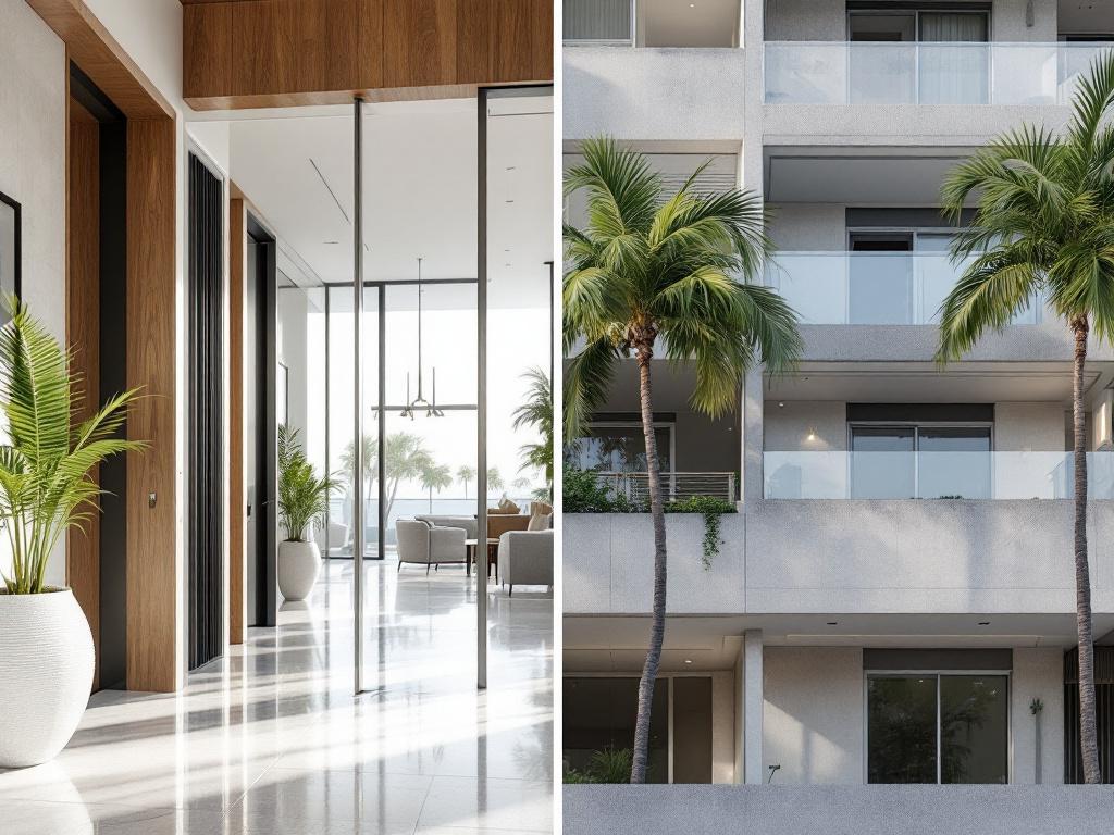 Side-by-side visual contrast — a modern new-construction condo lobby on one side, a 1980s-era building exterior with visible balcony repair work on the other.