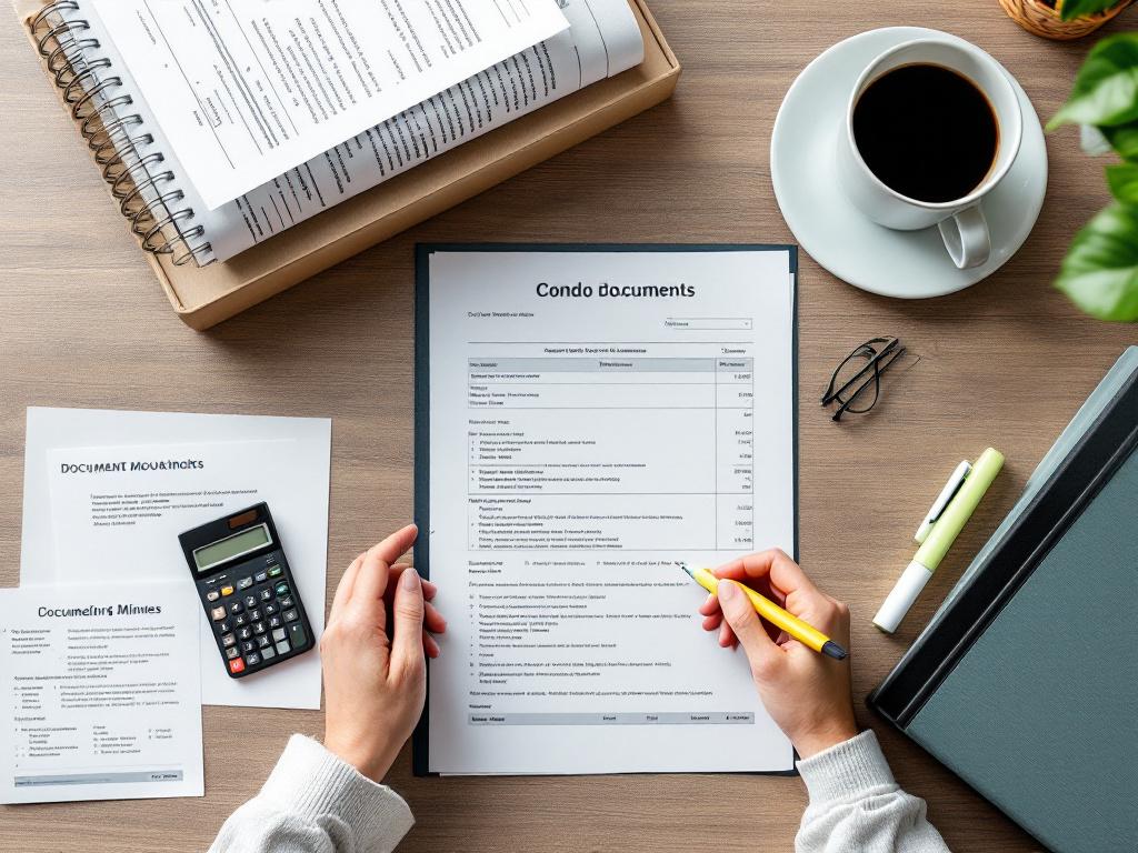 A kitchen table covered with condo documents — reserve study report, HOA meeting minutes binder, calculator, highlighter, and a coffee cup. Top-down angle. Conveys the document-review reality of due diligence.