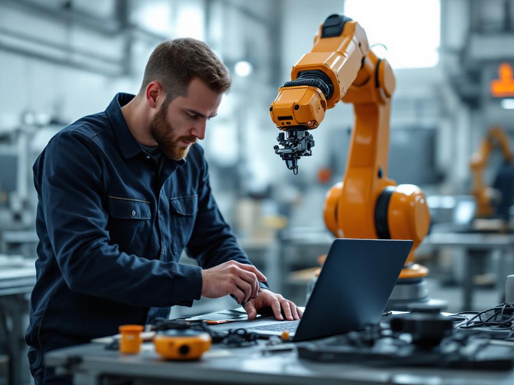 A maintenance technician in a clean industrial environment performing a hands-on inspection on a 6-axis robotic arm. Visible: laptop open with telemetry dashboard, thermal camera on workbench, joint cover partially removed. Lighting: bright, technica