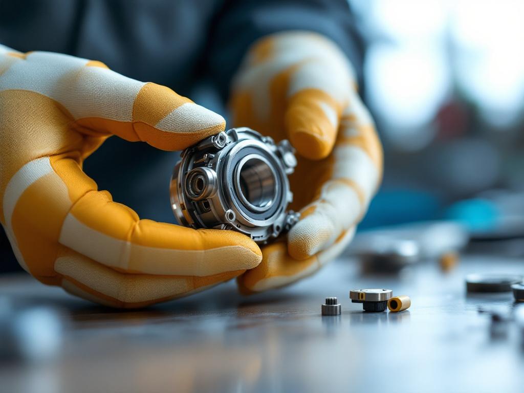 Close-up of a technician's gloved hands holding a partially disassembled robot joint — harmonic drive or bearing visible, with a small electrical connector also in frame. Clean workbench background. Alt text: "Close-up inspection of a robot join