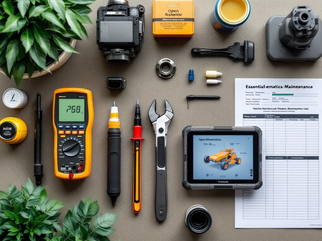 Flat-lay of essential robotics maintenance toolkit — thermal camera, digital multimeter, torque wrench, ISO VG 32–68 lubricant tubes, lint-free wipes, compressed air can, ruggedized tablet showing telemetry dashboard, printed maintenance log. Alt tex