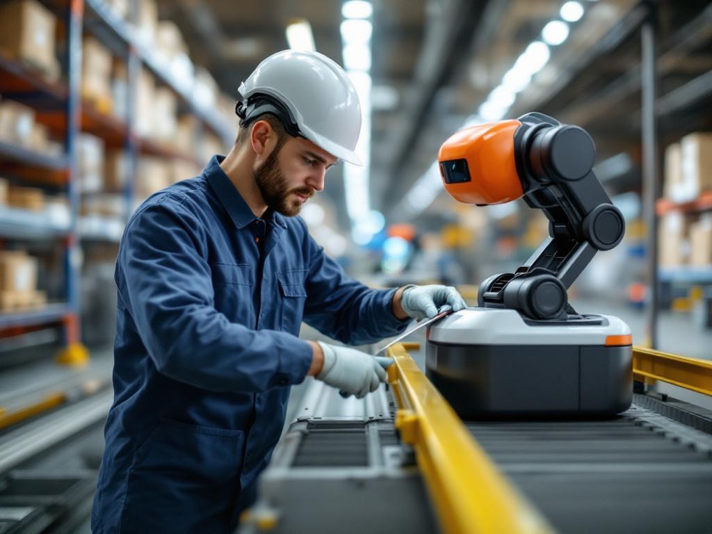 A technician performing a quick mid-shift battery or end-effector swap on a mobile robot in an active warehouse environment. Other robots and conveyors visible in background, soft motion blur to suggest activity. Alt text: "Mid-shift hot-swap ma