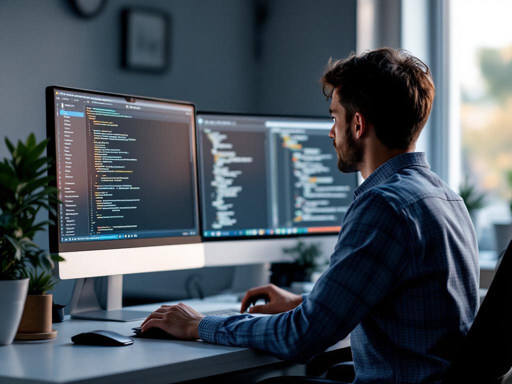 Developer at a clean desk reviewing code on dual monitors — left monitor shows a GitHub PR diff view, right monitor shows a terminal with test output streaming. Mid-shot from behind the shoulder, warm office lighting, no facial features needed. Mood