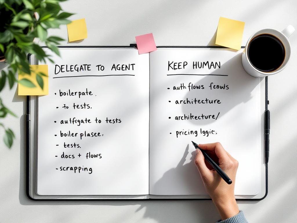 Top-down flat-lay of a whiteboard or large notebook showing two columns hand-written in marker: "DELEGATE TO AGENT" (with items like "boilerplate," "tests," "docs," "scraping") and "KEEP HUMAN&qu