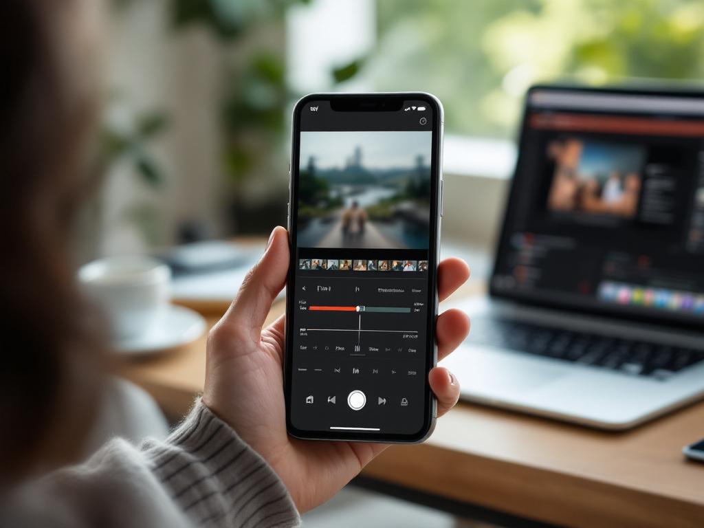 Un smartphone tenu verticalement dans la main d'un créateur, l'écran affichant un clip vertical partiellement édité avec un curseur de découpe visible, un ordinateur portable légèrement flou en arrière-plan montrant un onglet de navigateur. Lumière naturelle de la fenêtre, environnement de bureau. Transmet un éditeur basé sur navigateur,
