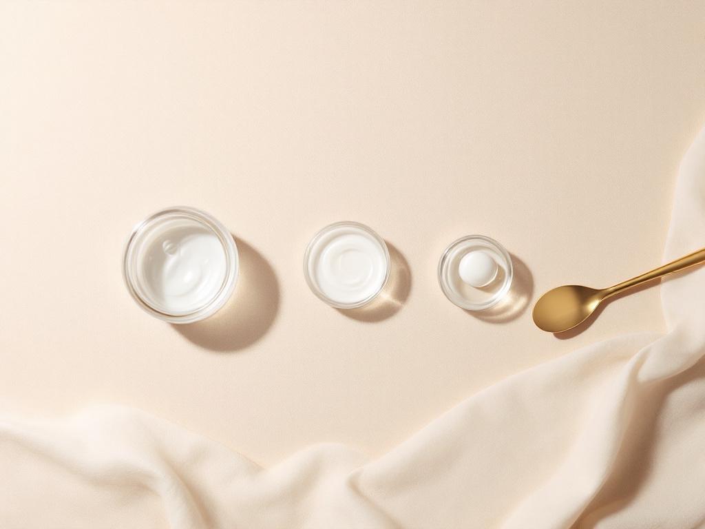 Overhead flat-lay on warm neutral linen background showing four distinct skincare textures in small clear glass dishes — a watery essence, a clear gel, a lightweight lotion, and a richer balm — arranged in a horizontal gradient from lightest to heavi