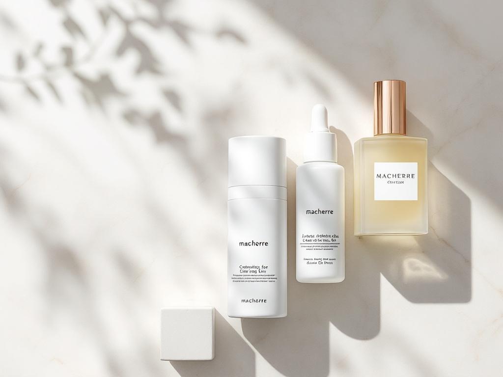 Three skincare bottles arranged in a stepped line on a pale stone surface — one clearly drugstore-branded (~$10–15 price tier), one mid-range white minimalist bottle (~$30), one frosted-glass luxury bottle (~$70). Small handwritten price tags visible