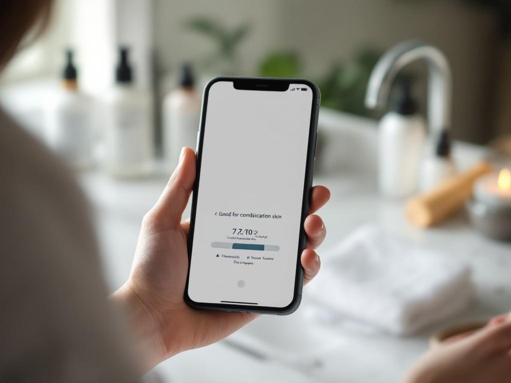Smartphone in hand against a soft-focus bathroom counter background with a few skincare bottles visible. Phone screen shows a clean app interface mockup: a product scanned, a "7.2/10 — Good for combination skin" score prominently displayed,