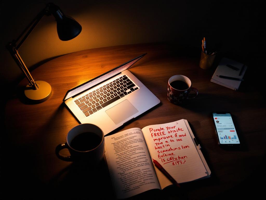 Overhead angle of a creator's desk at night, laptop screen glowing with a draft script visible, coffee mug, smartphone showing a YouTube analytics dashboard, notebook with handwritten edits in red pen. Warm desk-lamp lighting against a dark room.