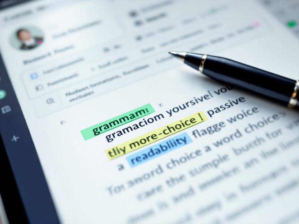 Close-up screen capture of a writing tool interface showing a paragraph with three different highlight colors — grammar suggestion in green underline, passive voice in blue, and a flagged word-choice suggestion in yellow. Visible readability score in