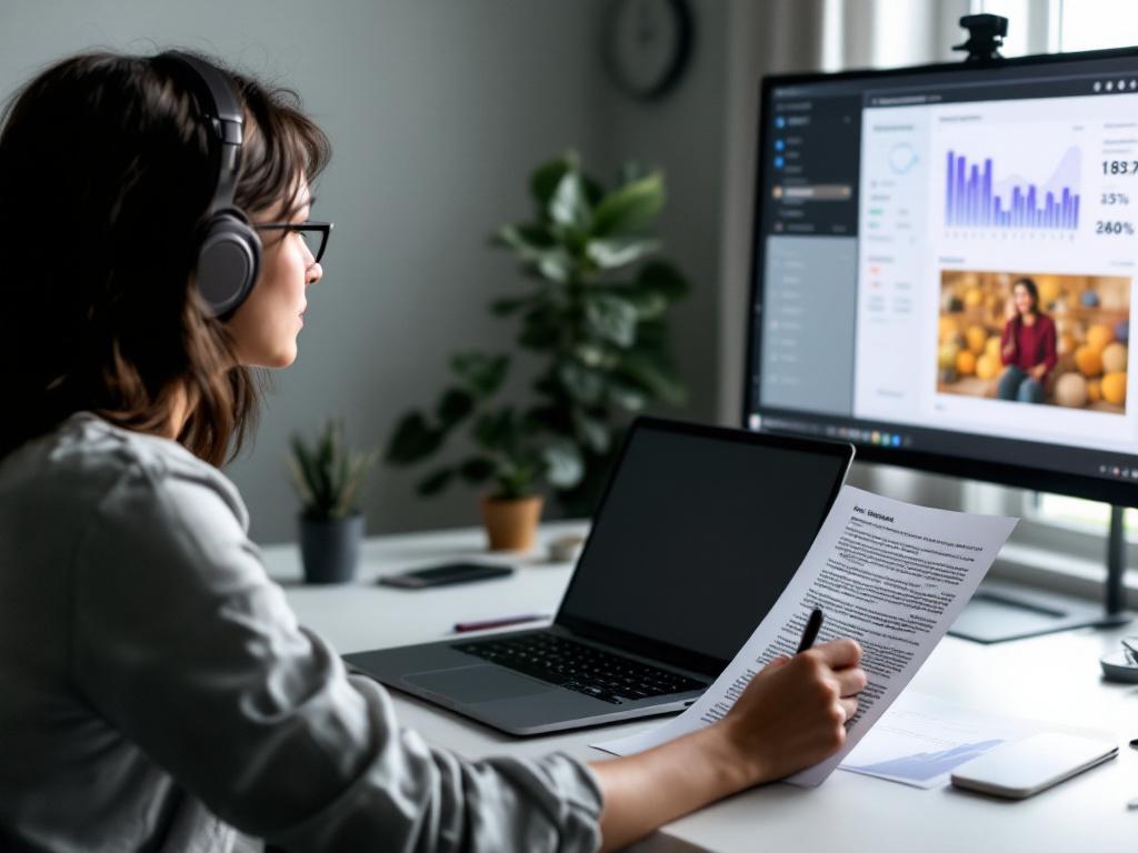 A creator at a desk in a more collaborative scene — leaned back from the laptop, headphones around neck, reviewing a printed transcript with a pen, second monitor showing an analytics dashboard with engagement metrics. Communicates the human-in-the-l