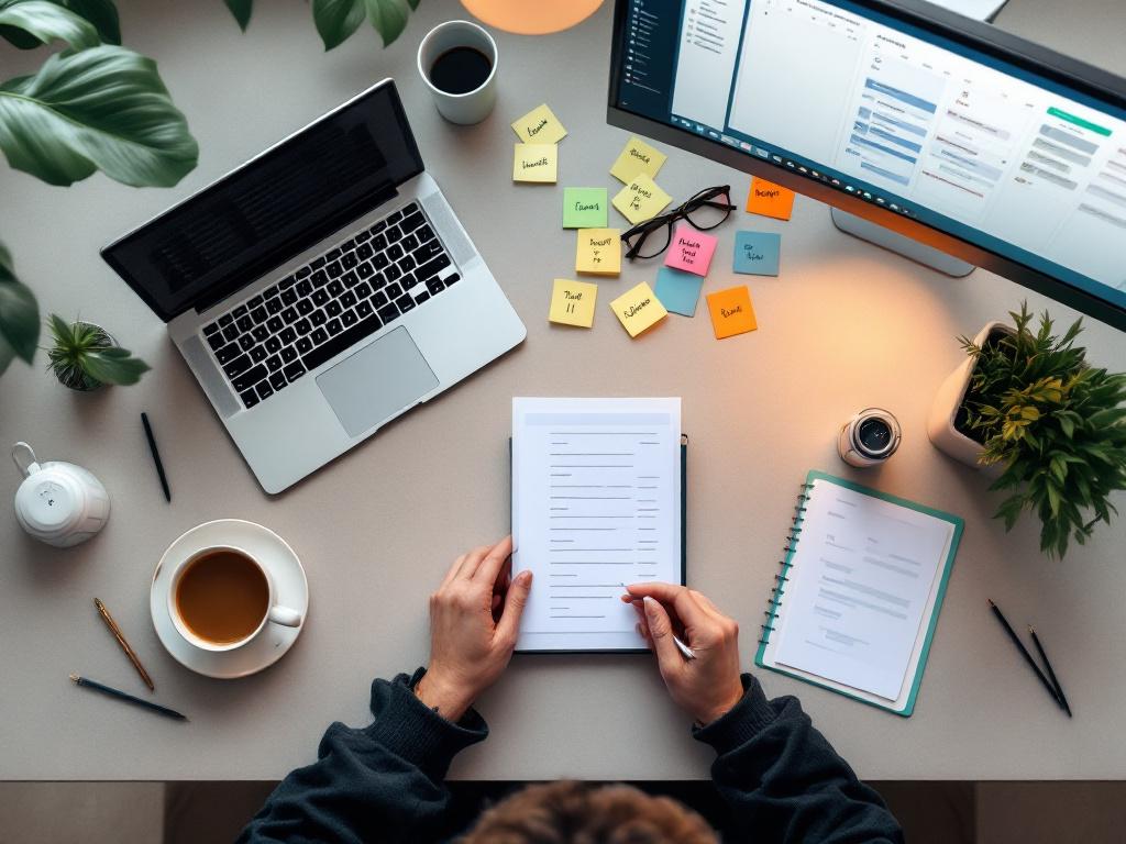 Un stratège de contenu en plein travail — ordinateur portable ouvert affichant un brouillon de liste numérotée, des notes autocollantes avec des idées de sujets éparpillées autour, un deuxième écran affichant un calendrier de contenu avec plusieurs colonnes de marques. Vue de haut ou légèrement de côté. Lumière chaleureuse par-dessus