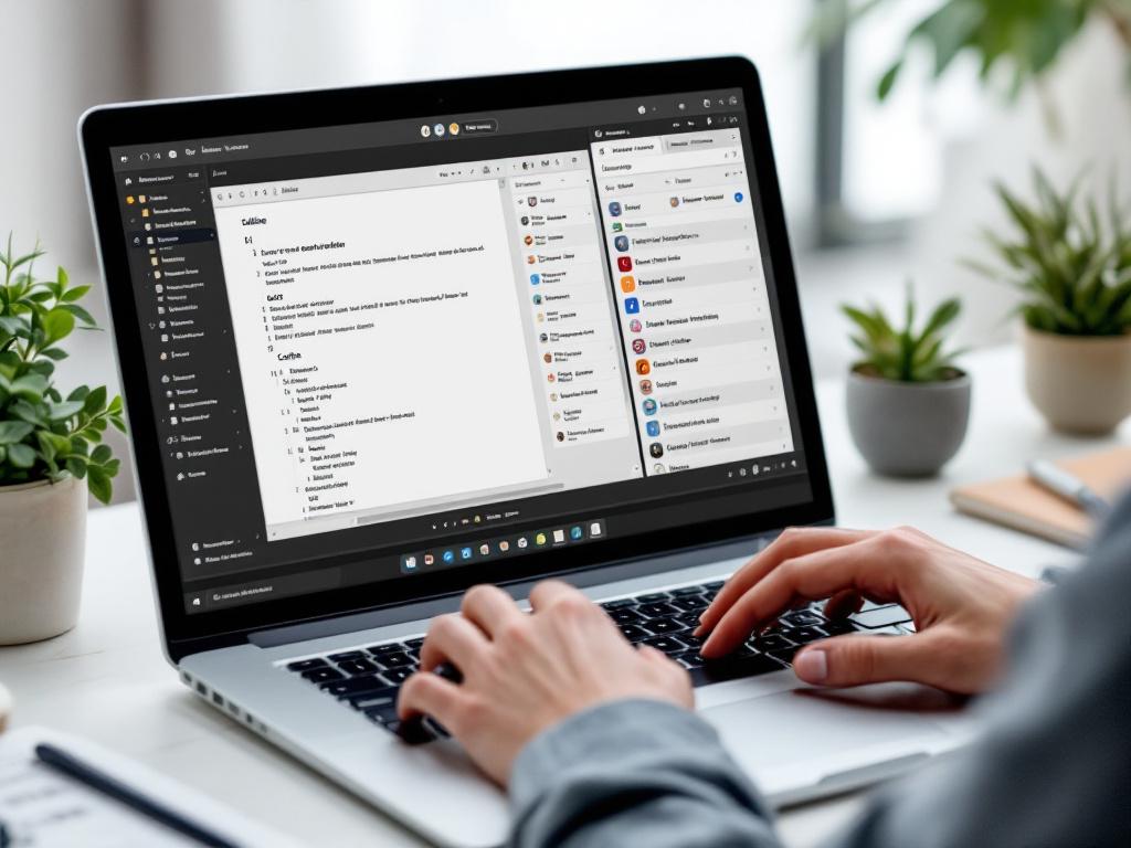 Un écran d'ordinateur portable affichant un document d'esquisse structuré avec des éléments de liste numérotés dans une fenêtre, et un calendrier de contenu avec plusieurs assignments de marques dans une autre. Mains visibles sur le clavier, en cours d'édition. Gros plan, légèrement par-dessus l'épaule. Communic