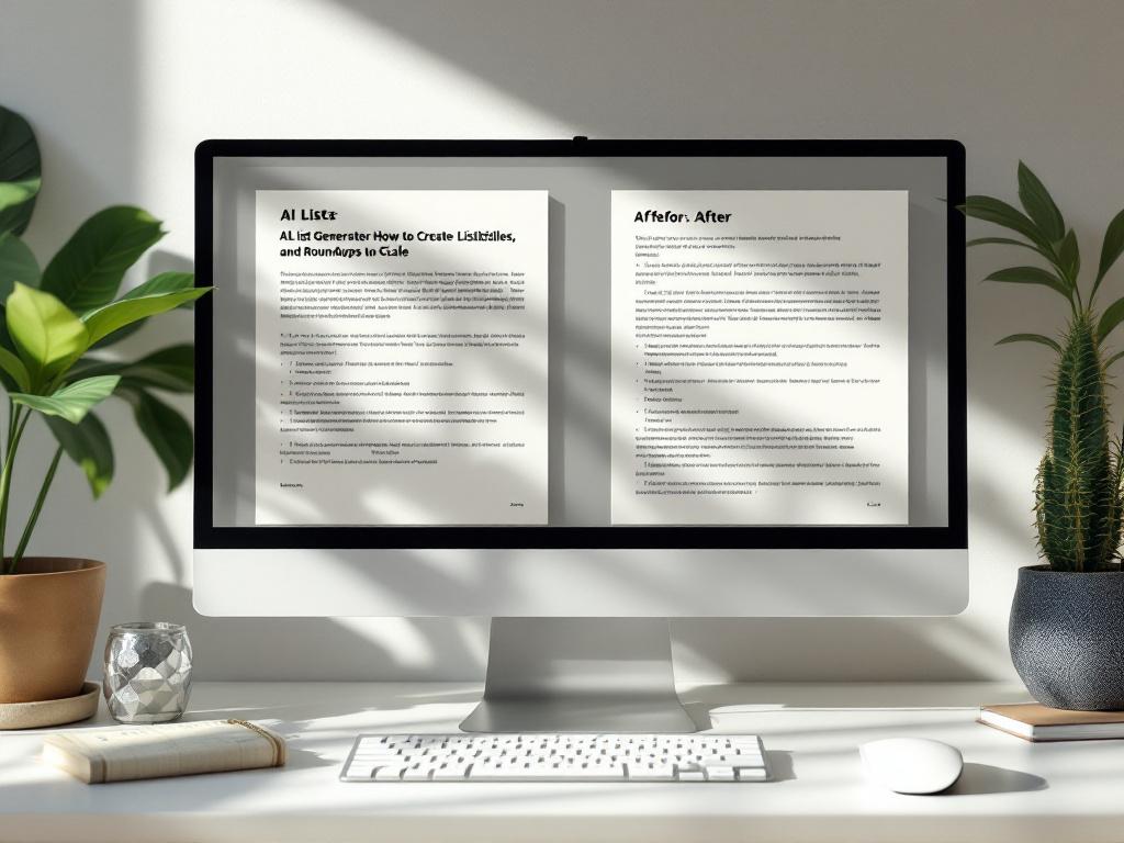 Une vue côte à côte ou écran divisé de deux documents sur un moniteur — le côté gauche affiche une sortie IA brute non éditée avec une formulation générique visible ; le côté droit affiche le même contenu nettoyé avec des annotations et des sources en marge. Communique l'avant