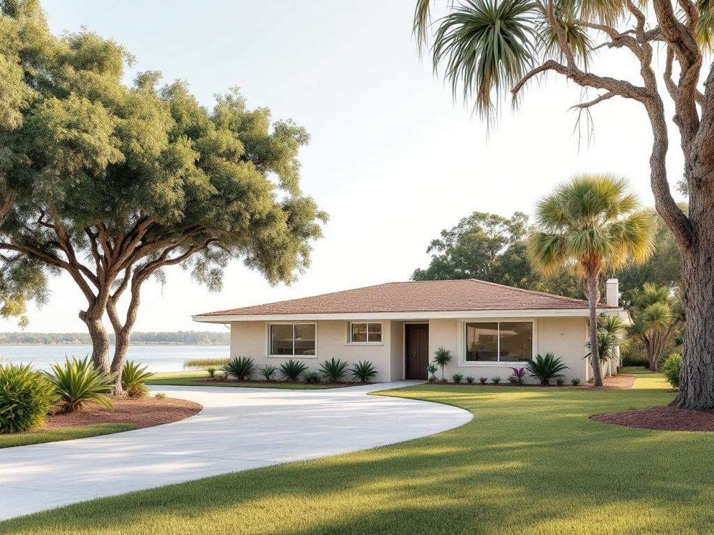 Wide-angle daytime exterior of a mid-century single-family Sebring home on a lakefront lot — visible water (Lake Jackson or Lake Istokpoga), mature oak/palm landscaping, concrete-block construction with stucco, terracotta or low-slope roof, modest dr