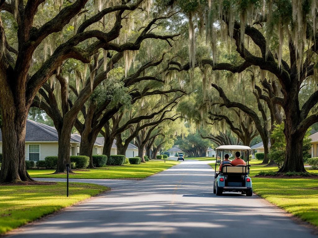 Tree-lined Sebring street in Sun 'N Lake or Highlands Ridge — wide lots, mature live oaks with Spanish moss, single-story homes set back from the road, golf cart visible in driveway. Communicates "low-density, retirement-oriented, established.&q