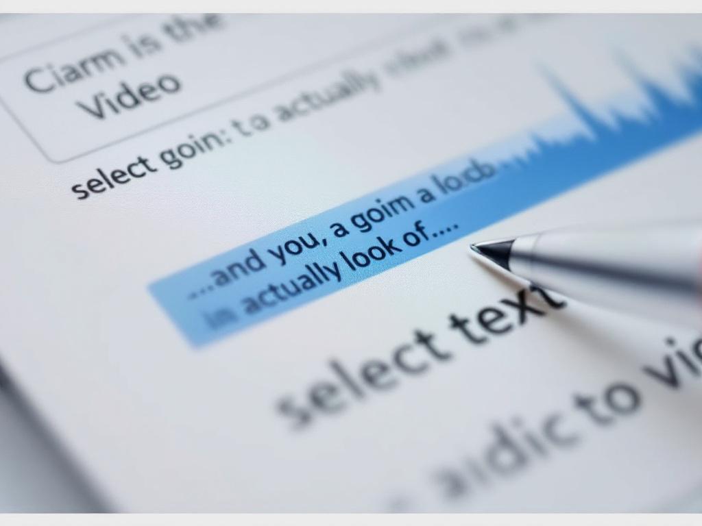 اقتصاص قريب من عرض نص Descript. جملة واحدة مميزة بتحديد أزرق ('...ونحن سنرى فعلاً على....'). فوق النص، شريط الخط الزمني للفيديو مرئي يعرض شكل موجة مع قطعة مقابلة محددة